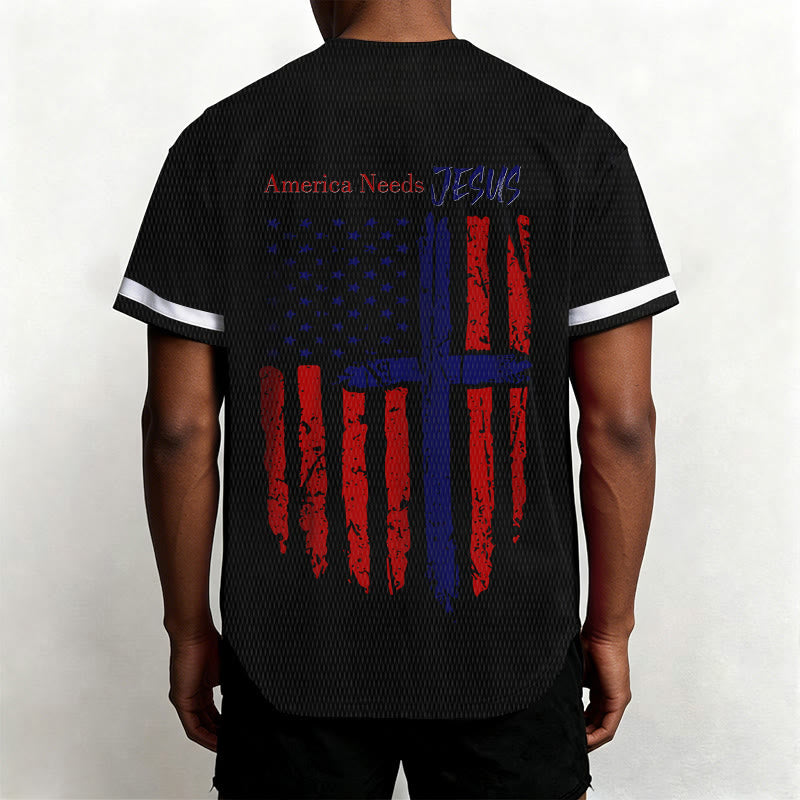 Christianartworkshop Patriotic Jesus Star Stripes Font Front Back Dual Print Black Cuff Baseball Jersey - image 11