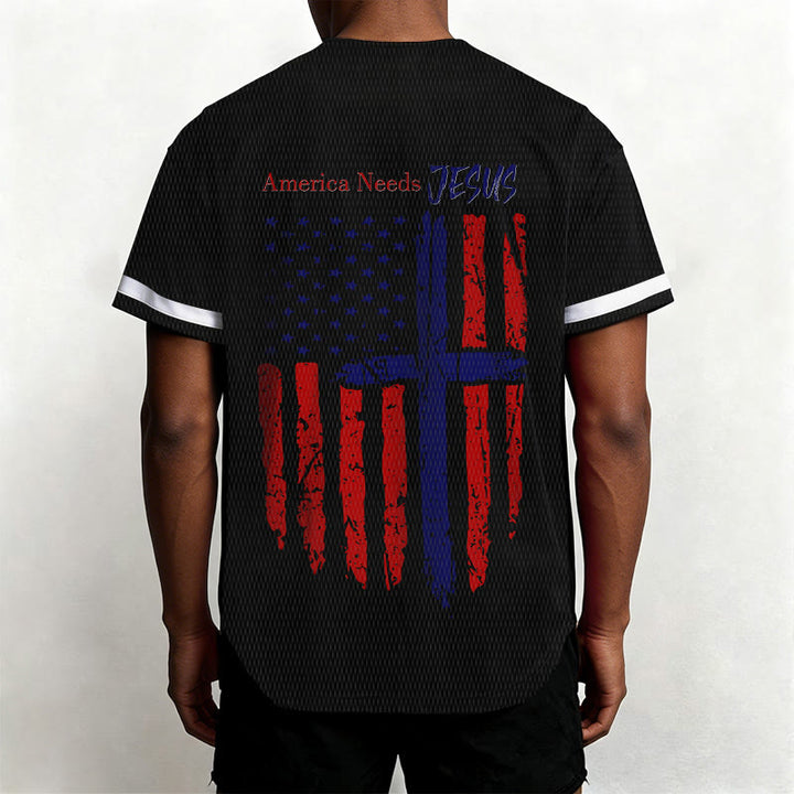 Christianartworkshop Patriotic Jesus Star Stripes Font Front Back Dual Print Black Cuff Baseball Jersey - image 11