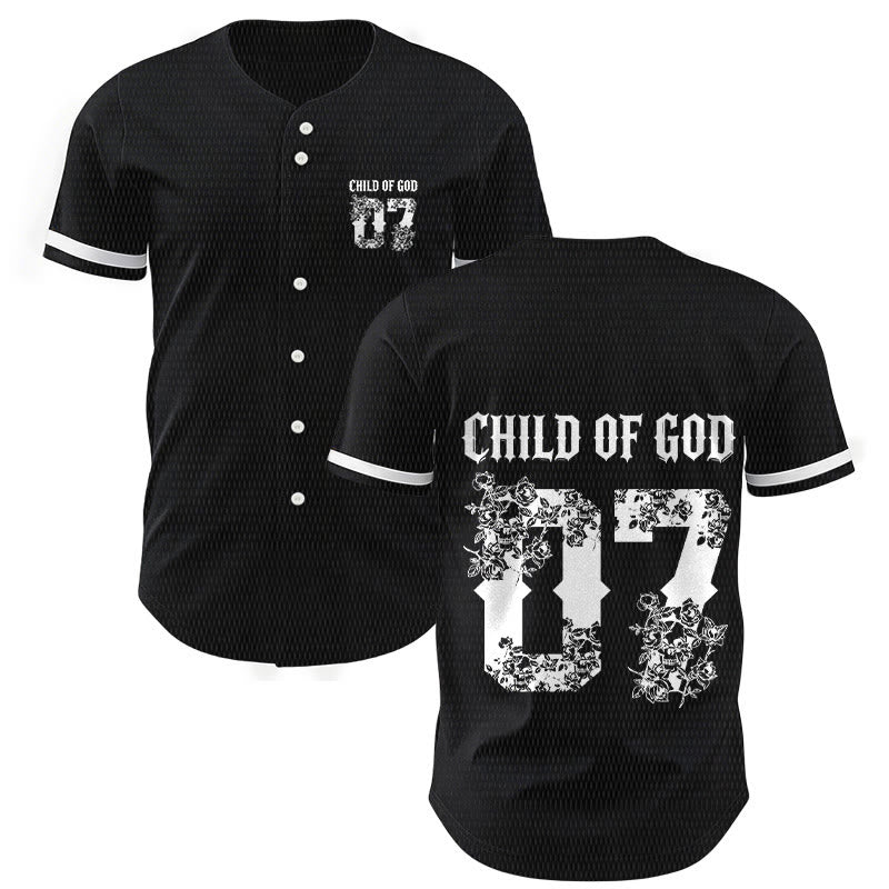 Christianartworkshop "Child Of God" Floral Filled Number 07 Button-Up Baseball Jersey - Black - 5XL - image 0