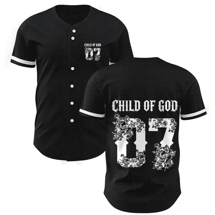 Christianartworkshop "Child Of God" Floral Filled Number 07 Button-Up Baseball Jersey - Black - 5XL - image 0