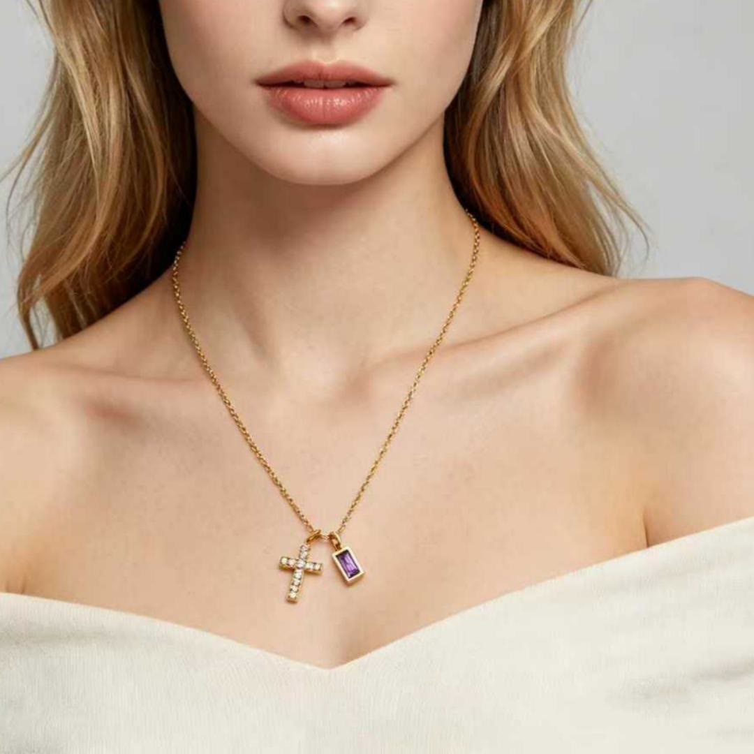 Christianartworkshop Custom Birth Month Rectangular Stone & Sparkle Cross Dual Charm Necklace: Timeless Emblem of Gentle Heavenly Guardianship - image 5