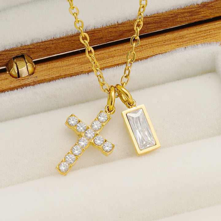 Christianartworkshop Custom Birth Month Rectangular Stone & Sparkle Cross Dual Charm Necklace: Timeless Emblem of Gentle Heavenly Guardianship - image 8