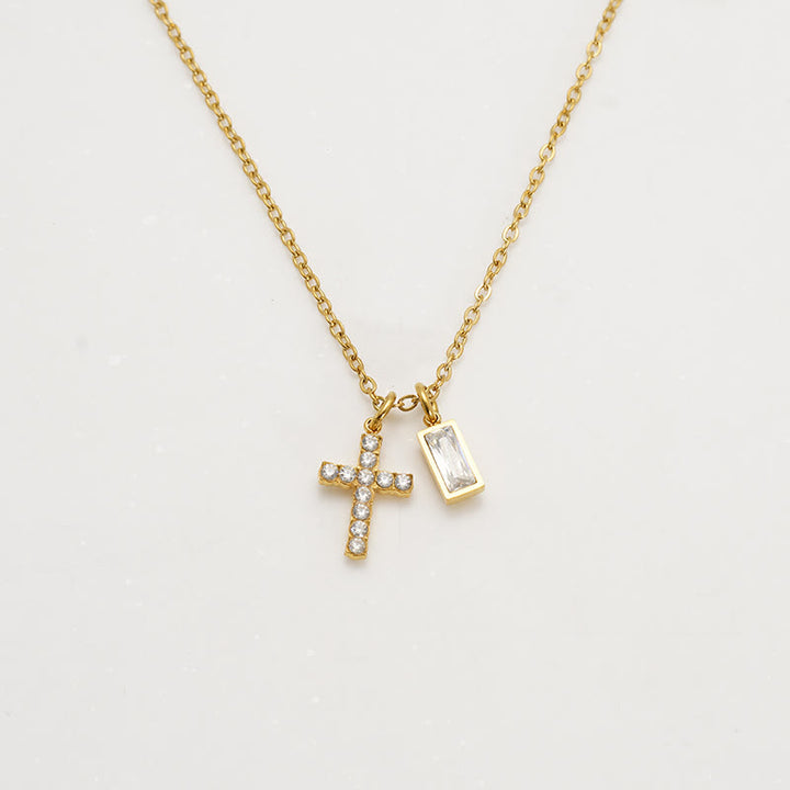 Christianartworkshop Custom Birth Month Rectangular Stone & Sparkle Cross Dual Charm Necklace: Timeless Emblem of Gentle Heavenly Guardianship - April - image 7