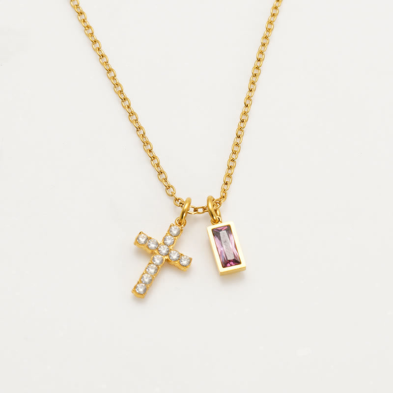 Christianartworkshop Custom Birth Month Rectangular Stone & Sparkle Cross Dual Charm Necklace: Timeless Emblem of Gentle Heavenly Guardianship - June - image 10