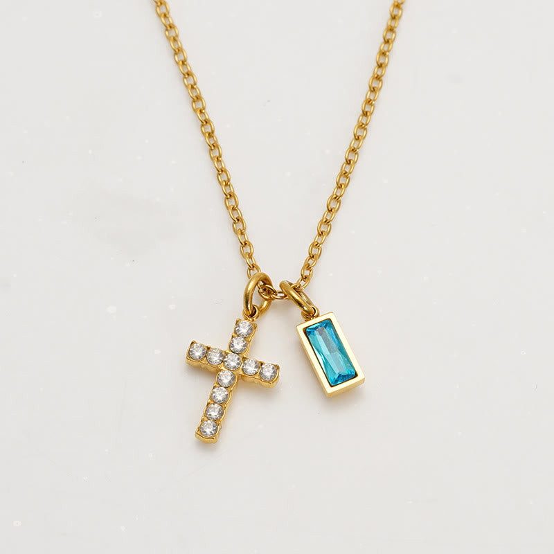 Christianartworkshop Custom Birth Month Rectangular Stone & Sparkle Cross Dual Charm Necklace: Timeless Emblem of Gentle Heavenly Guardianship - December - image 16
