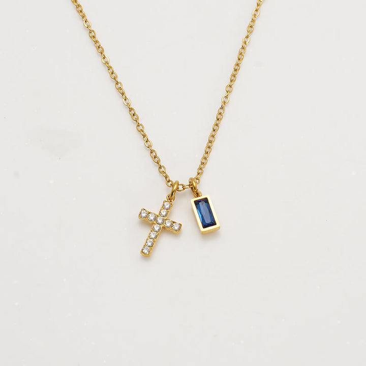 Christianartworkshop Custom Birth Month Rectangular Stone & Sparkle Cross Dual Charm Necklace: Timeless Emblem of Gentle Heavenly Guardianship - September - image 13
