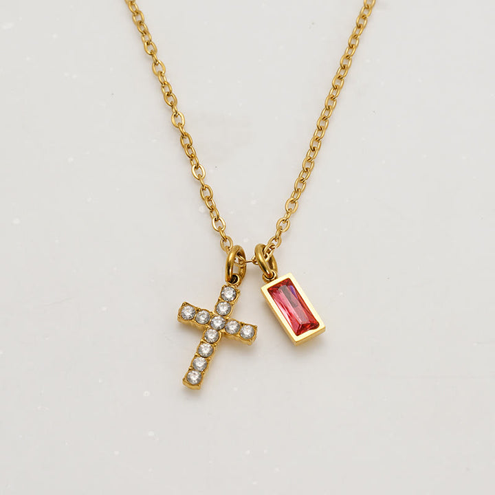 Christianartworkshop Custom Birth Month Rectangular Stone & Sparkle Cross Dual Charm Necklace: Timeless Emblem of Gentle Heavenly Guardianship - July - image 11