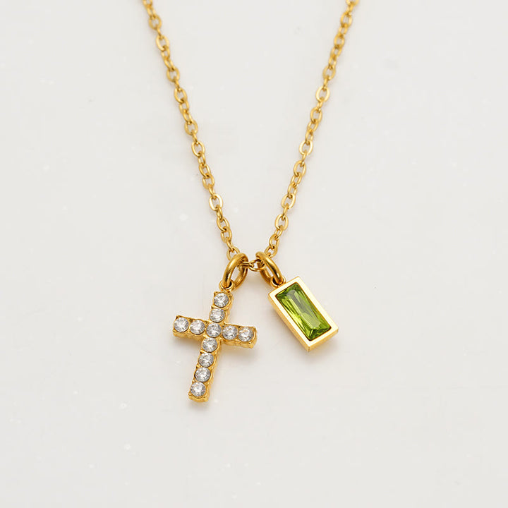 Christianartworkshop Custom Birth Month Rectangular Stone & Sparkle Cross Dual Charm Necklace: Timeless Emblem of Gentle Heavenly Guardianship - August - image 12