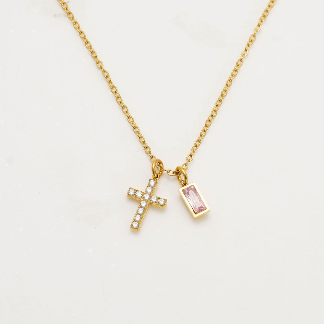 Christianartworkshop Custom Birth Month Rectangular Stone & Sparkle Cross Dual Charm Necklace: Timeless Emblem of Gentle Heavenly Guardianship - October - image 14