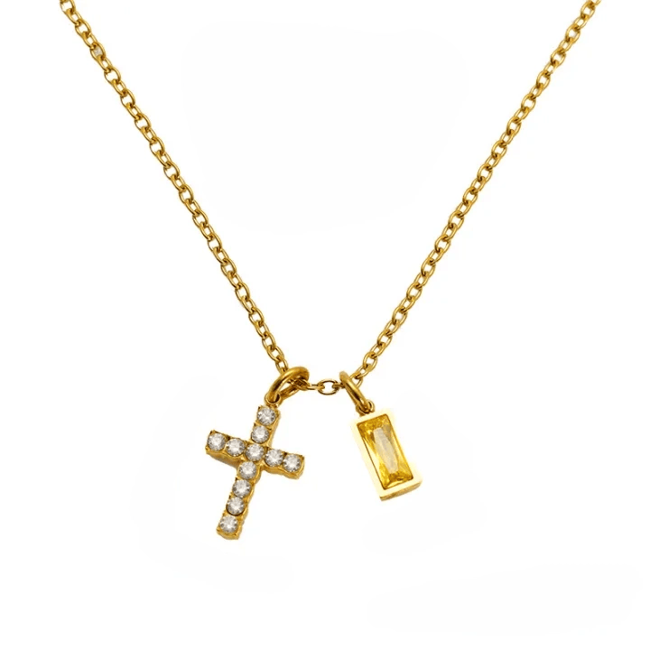 Christianartworkshop Custom Birth Month Rectangular Stone & Sparkle Cross Dual Charm Necklace: Timeless Emblem of Gentle Heavenly Guardianship - November - image 15