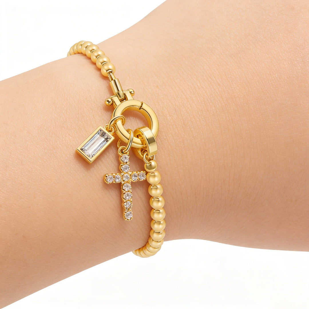 Christianartworkshop Custom Birth Month Rectangular Accent Sparkle Cross Beaded Bracelet: Timeless Emblem of Gentle Heavenly Guardianship - image 0