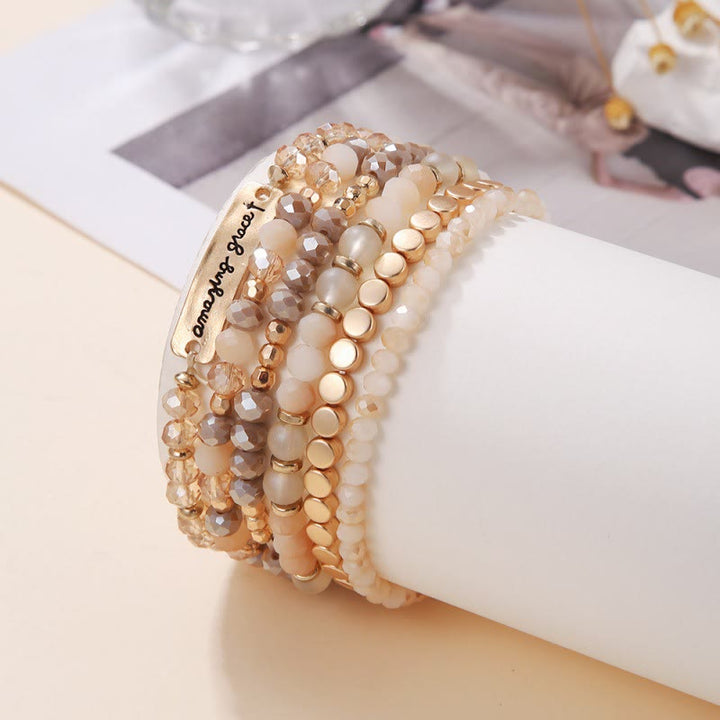 Christianartworkshop Amazing Grace Engraved Plate Multi-Tone Bead Stackable Single Stretch Bracelet: Timeless Emblem of Gentle Heavenly Guardianship - Brown - image 3