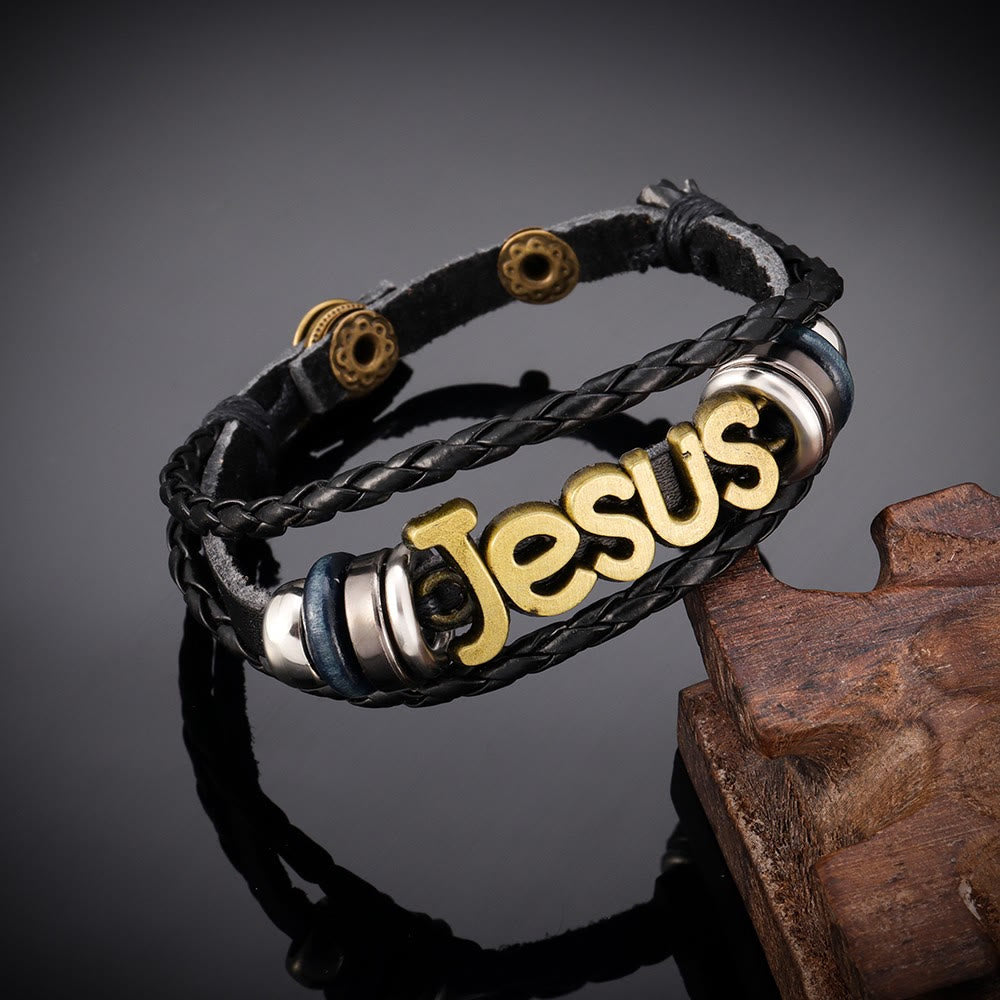 Christianartworkshop Jesus Letter Accent Woven Dual-Layer Adjustable Bracelet: Timeless Emblem of Gentle Heavenly Guardianship - Golden - image 0
