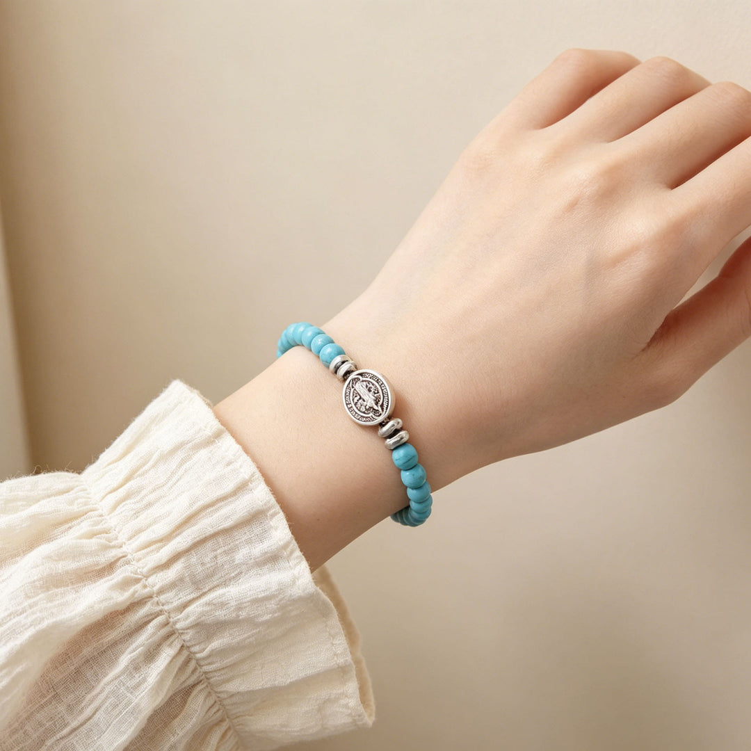 FREE Today: Saint Benedict Medal Natural Stone Bead Single Stretch Stackable Bracelet: Timeless Emblem of Gentle Heavenly Guardianship - image 2