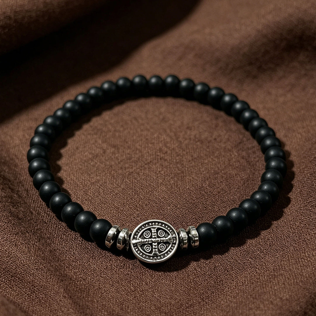 FREE Today: Saint Benedict Medal Natural Stone Bead Single Stretch Stackable Bracelet: Timeless Emblem of Gentle Heavenly Guardianship - Matte Obsidian - image 8