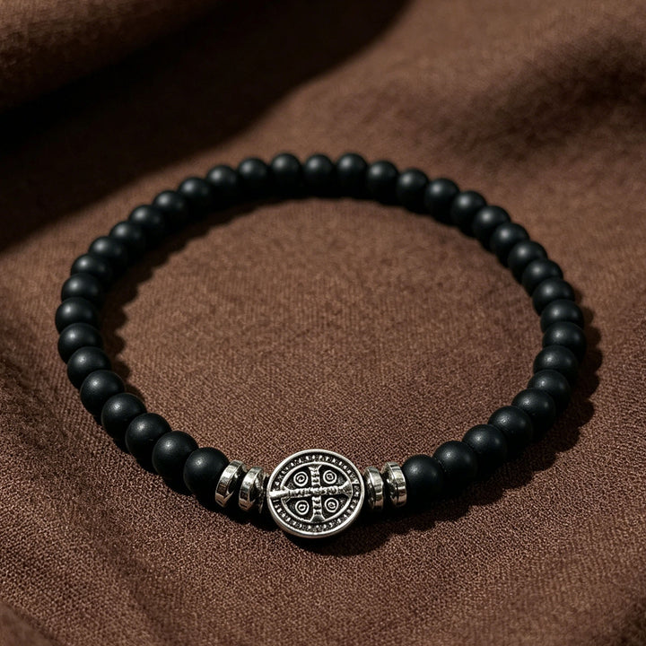 Christianartworkshop Saint Benedict Medal Natural Stone Bead Single Stretch Stackable Bracelet: Timeless Emblem of Gentle Heavenly Guardianship - Matte Obsidian - image 8