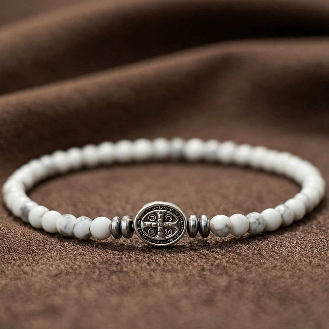 FREE Today: Saint Benedict Medal Natural Stone Bead Single Stretch Stackable Bracelet: Timeless Emblem of Gentle Heavenly Guardianship - Howlite - image 4