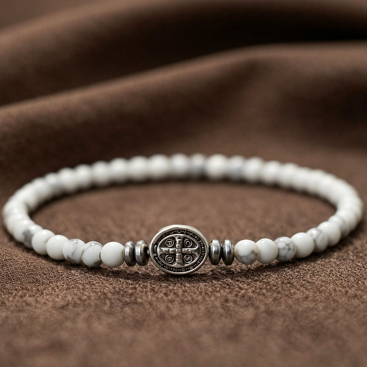 FREE Today: Saint Benedict Medal Natural Stone Bead Single Stretch Stackable Bracelet: Timeless Emblem of Gentle Heavenly Guardianship - Howlite - image 4