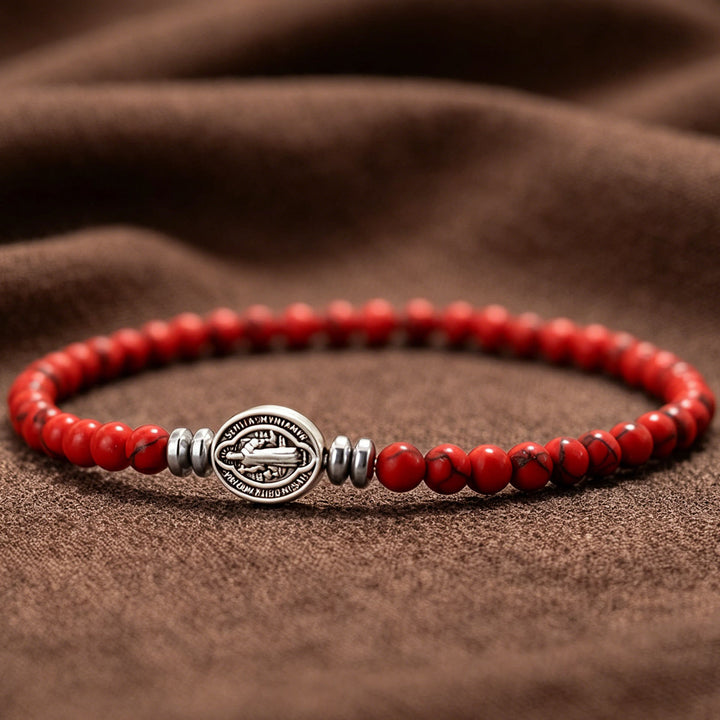 FREE Today: Saint Benedict Medal Natural Stone Bead Single Stretch Stackable Bracelet: Timeless Emblem of Gentle Heavenly Guardianship - Red Howlite - image 6