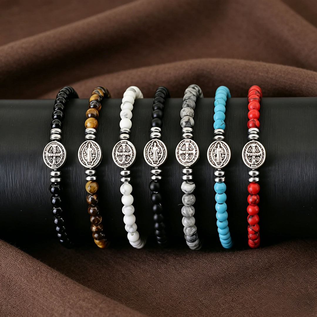 FREE Today: Saint Benedict Medal Natural Stone Bead Single Stretch Stackable Bracelet: Timeless Emblem of Gentle Heavenly Guardianship - image 0