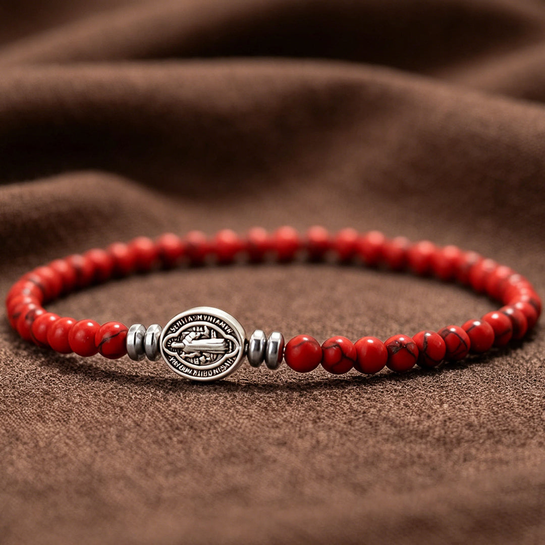 Christianartworkshop Saint Benedict Medal Natural Stone Bead Single Stretch Stackable Bracelet: Timeless Emblem of Gentle Heavenly Guardianship - Red Howlite - image 6