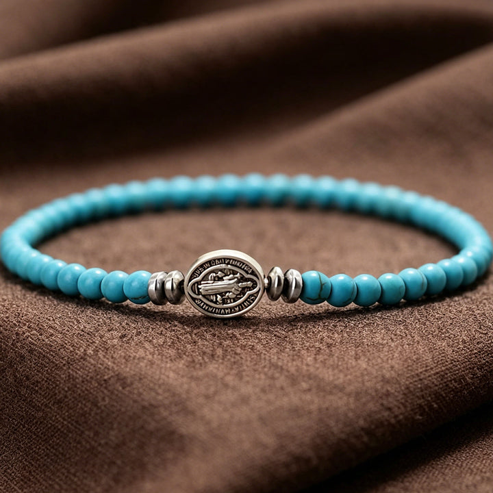 FREE Today: Saint Benedict Medal Natural Stone Bead Single Stretch Stackable Bracelet: Timeless Emblem of Gentle Heavenly Guardianship - Turquoise - image 1