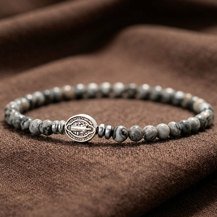 FREE Today: Saint Benedict Medal Natural Stone Bead Single Stretch Stackable Bracelet: Timeless Emblem of Gentle Heavenly Guardianship - Map Stone - image 3