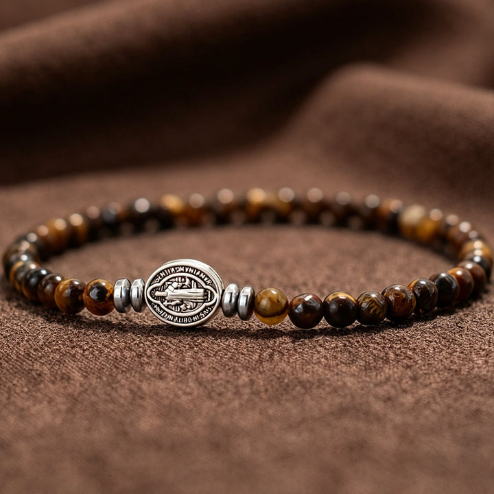 FREE Today: Saint Benedict Medal Natural Stone Bead Single Stretch Stackable Bracelet: Timeless Emblem of Gentle Heavenly Guardianship - Tiger Eye - image 5