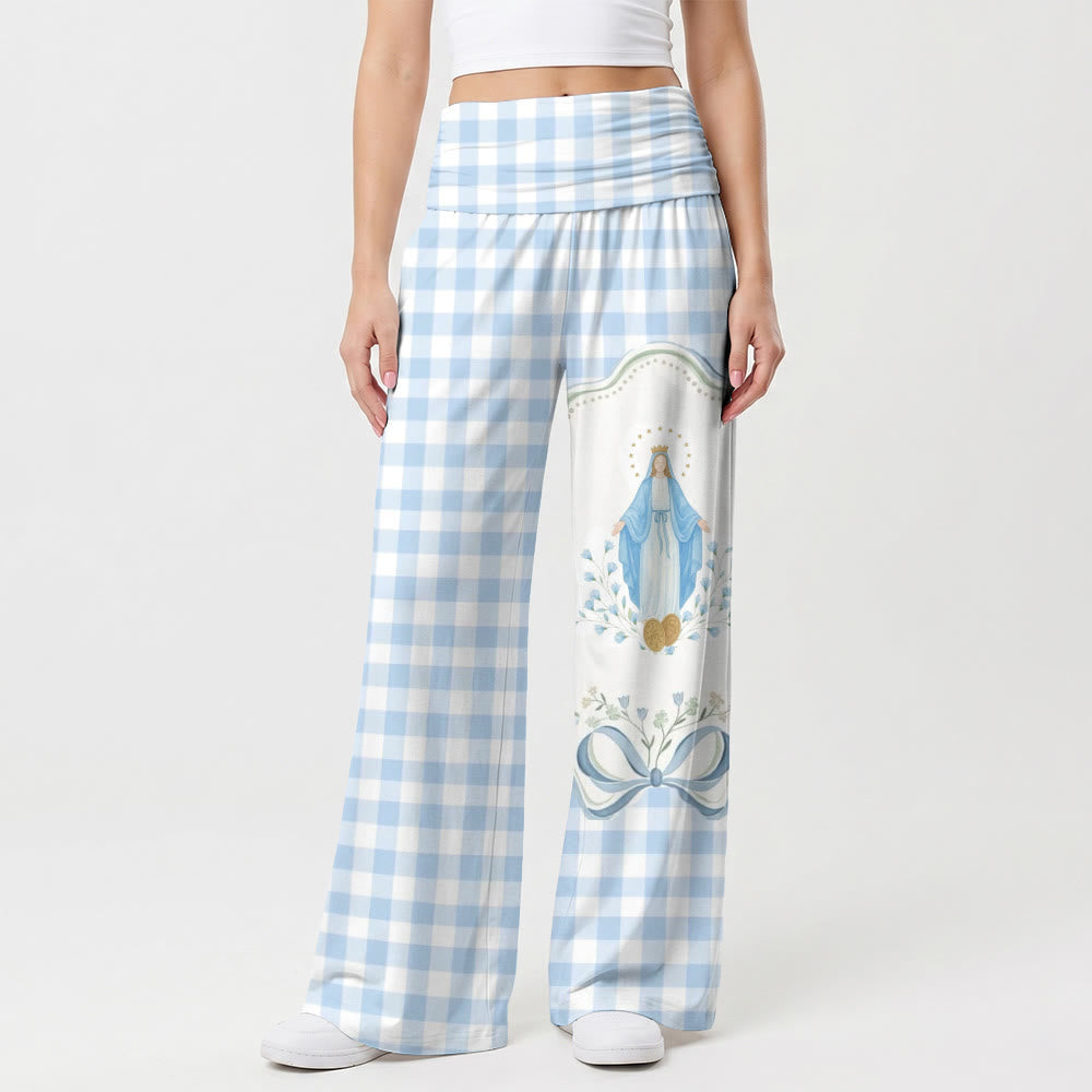 Christianartworkshop Light Gingham Check Allover Print Halo Virgin Mary Floral Bow Panel High Waist Wide Leg Pants - US22,UK/AU26,EU54(6XL) - image 0