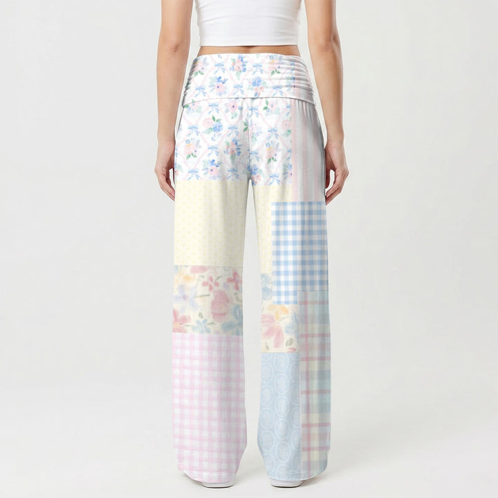 Christianartworkshop Patchwork Multi‑Texture Floral Gingham Glitter Trim Cross High Waist Wide Leg Pants - image 2
