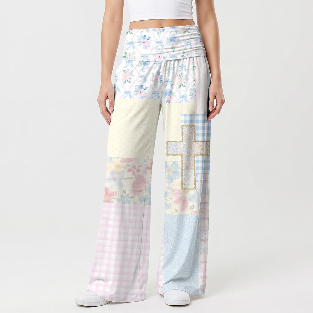 Christianartworkshop Patchwork Multi‑Texture Floral Gingham Glitter Trim Cross High Waist Wide Leg Pants - US22,UK/AU26,EU54(6XL) - image 0