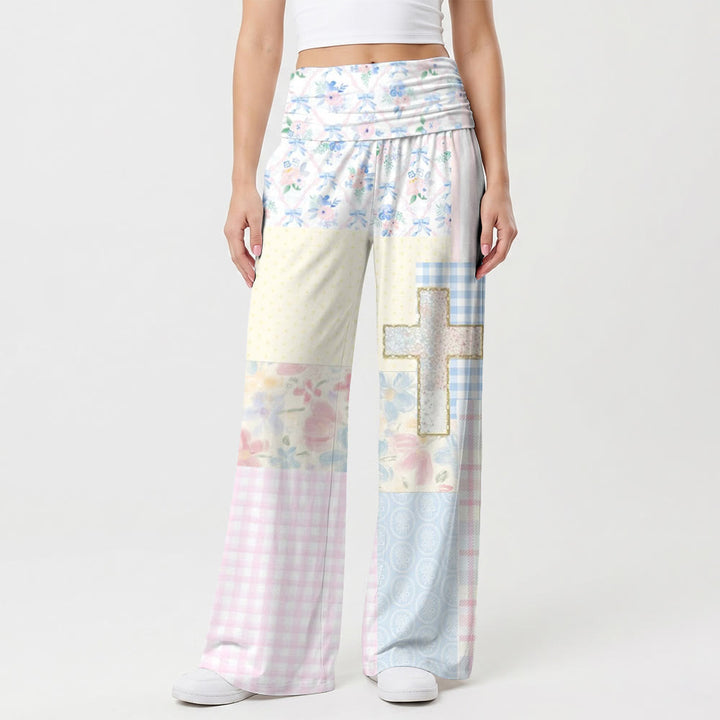 Christianartworkshop Patchwork Multi‑Texture Floral Gingham Glitter Trim Cross High Waist Wide Leg Pants - US22,UK/AU26,EU54(6XL) - image 0