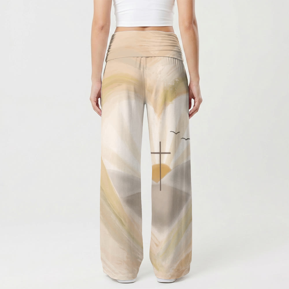 Christianartworkshop Watercolor Heart Halo Cross Seagull Sunrise Landscape High Waist Wide Leg Pants - image 2