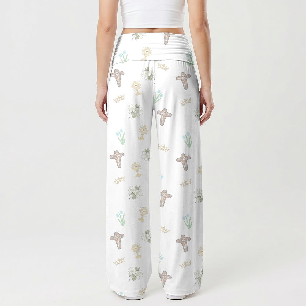 Christianartworkshop Ditsy Allover Print Crucifix Crown Eucharist White Blossom Tulip High Waist Wide Leg Pants - image 1