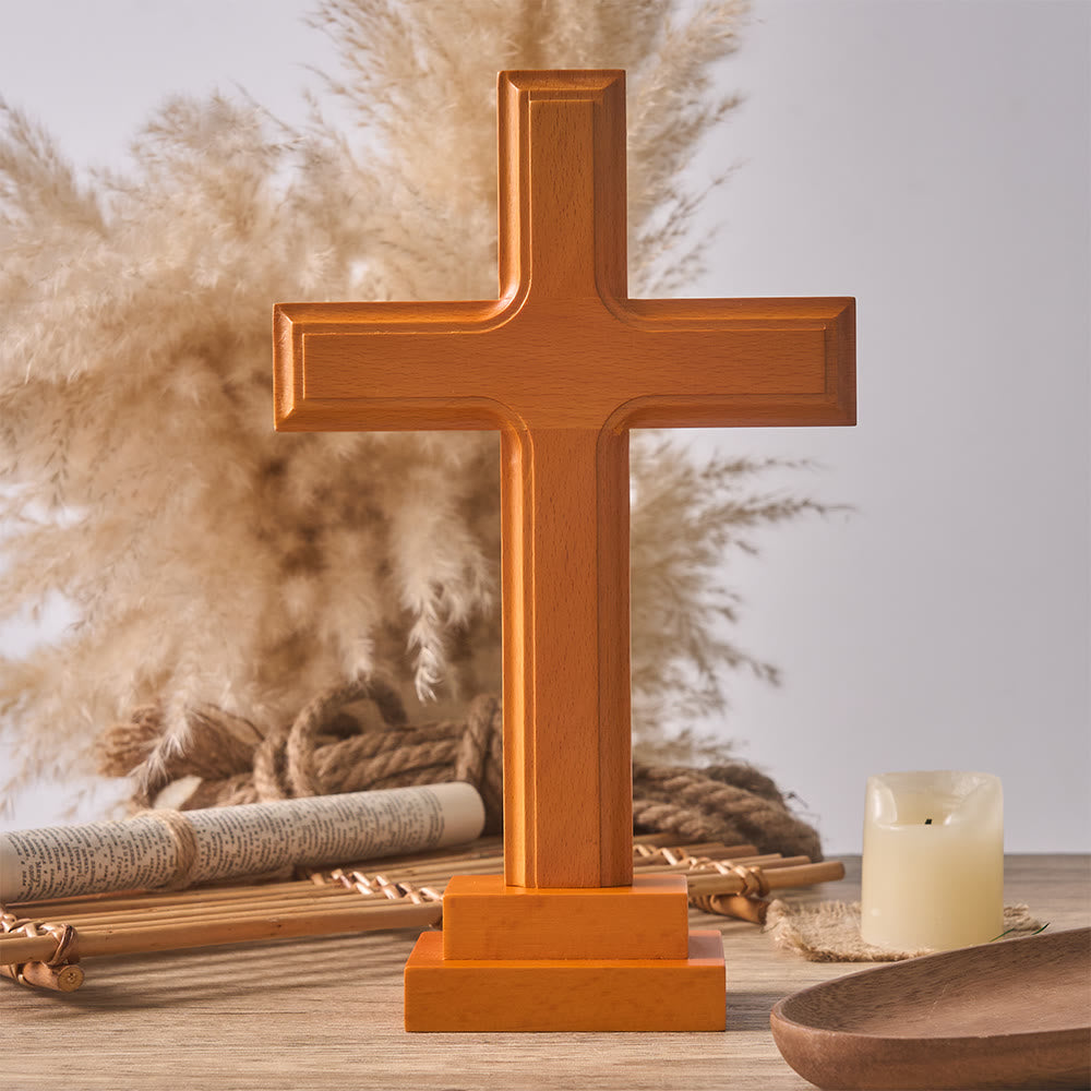 Minimalist Wooden Cross Decor with Base - Spiritual Serenity