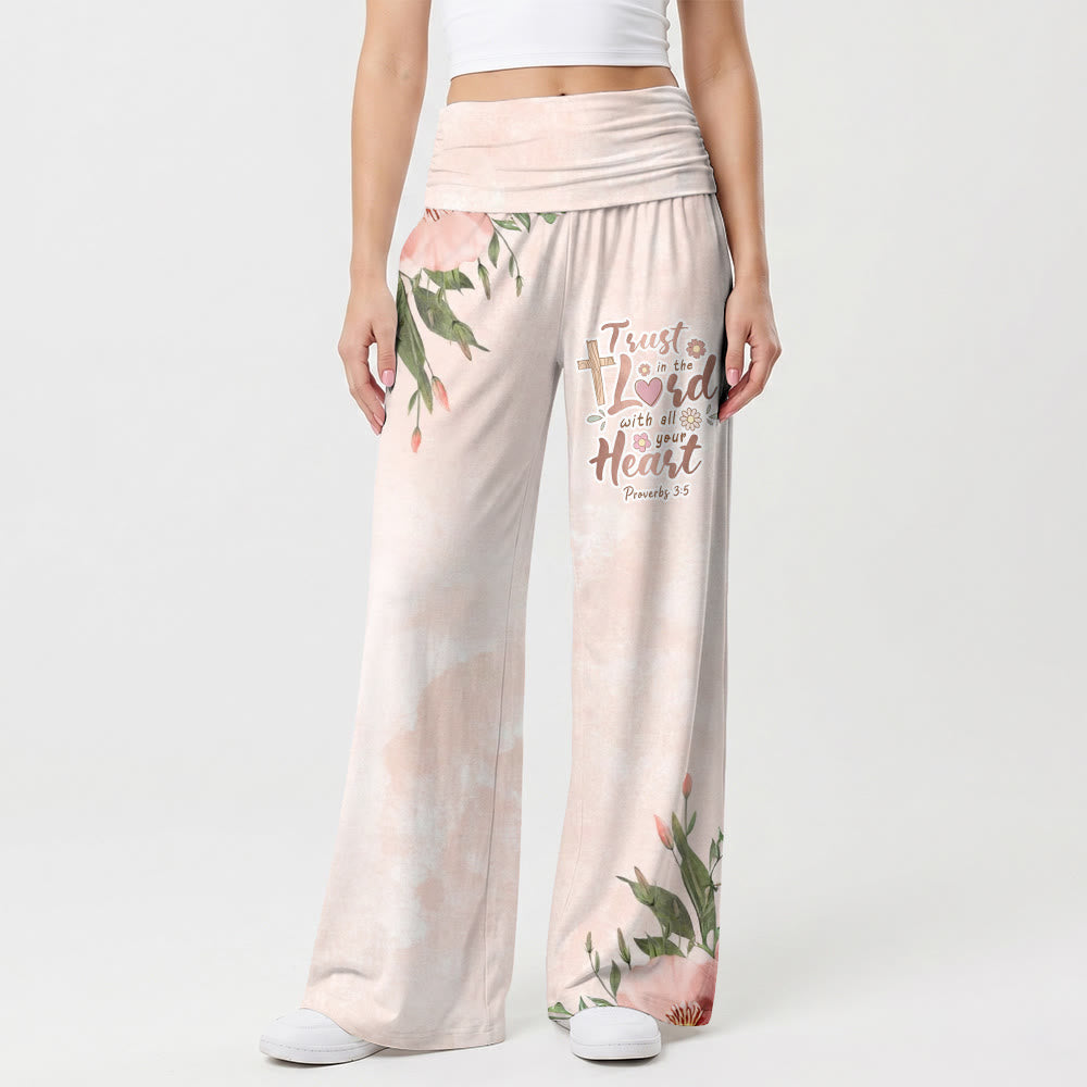 Christianartworkshop Washed Blush Gradient Background Corner Peony Cross Proverbs 3:5 Scripture Text High Waist Wide Leg Pants - US22,UK/AU26,EU54(6XL) - image 0