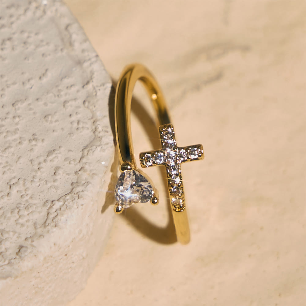 FREE Today: Two-Color Adjustable Ring with Paved Cross & Heart Zircon Accents: A Reminder of Sacred Grace - image 1