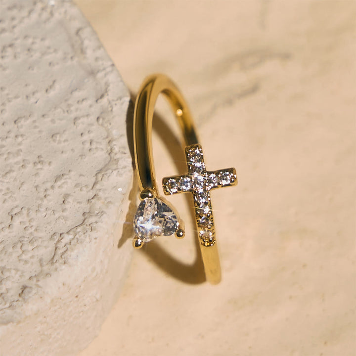 FREE Today: Two-Color Adjustable Ring with Paved Cross & Heart Zircon Accents: A Reminder of Sacred Grace - image 1