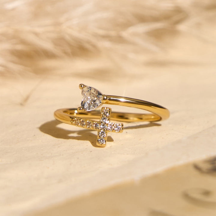 FREE Today: Two-Color Adjustable Ring with Paved Cross & Heart Zircon Accents: A Reminder of Sacred Grace - image 4