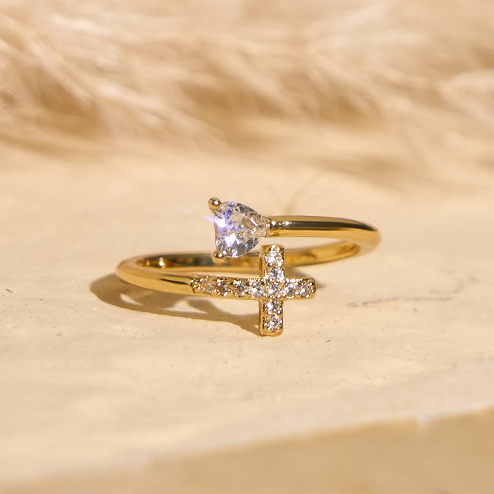 FREE Today: Two-Color Adjustable Ring with Paved Cross & Heart Zircon Accents: A Reminder of Sacred Grace - image 0