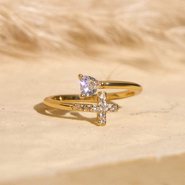 FREE Today: Two-Color Adjustable Ring with Paved Cross & Heart Zircon Accents: A Reminder of Sacred Grace - image 0