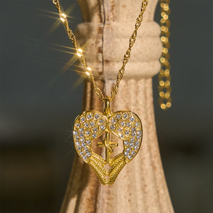 Christianartworkshop Zircon-Encrusted Heart Cross Necklace with Angel Wings: A Symbol of Divine Love & Grace - image 0