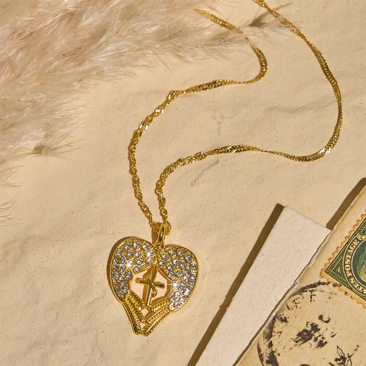 Christianartworkshop Zircon-Encrusted Heart Cross Necklace with Angel Wings: A Symbol of Divine Love & Grace - image 3