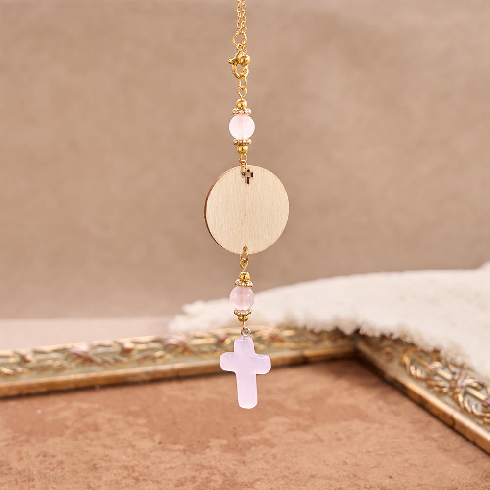 Christianartworkshop Matthew 28:20 Scripture Engraved Wooden Disc Stone Cross Car Charm: A Reminder of Merciful Divine Protection on Every Trip - Rose Quartz - image 4