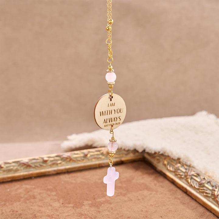 Christianartworkshop Matthew 28:20 Scripture Engraved Wooden Disc Stone Cross Car Charm: A Reminder of Merciful Divine Protection on Every Trip - Rose Quartz&Matthew 28:20 - image 6