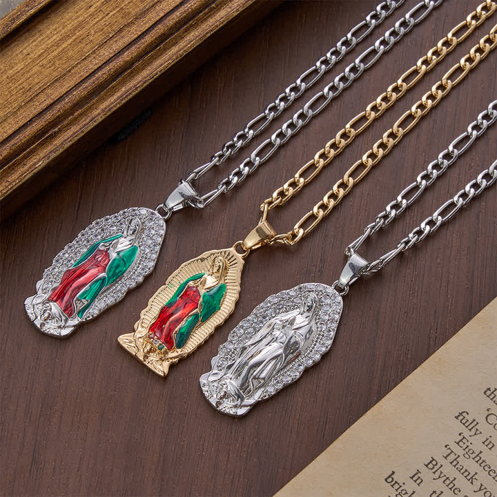 FREE Today: Elegant Sunburst Border Enamel Virgin Guadalupe Pendant Chunky Figaro Chain - image 4