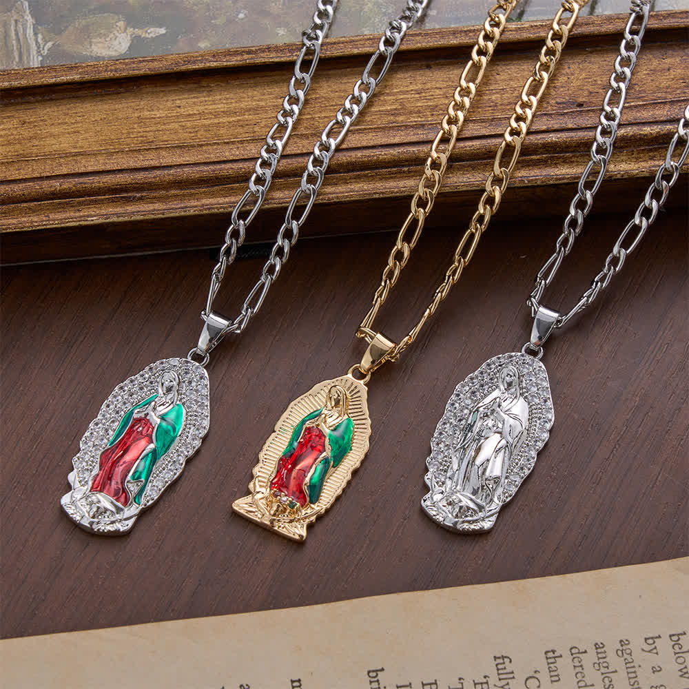 FREE Today: Elegant Sunburst Border Enamel Virgin Guadalupe Pendant Chunky Figaro Chain - image 5