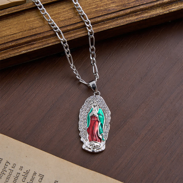 FREE Today: Elegant Sunburst Border Enamel Virgin Guadalupe Pendant Chunky Figaro Chain - Silver-Red - image 14