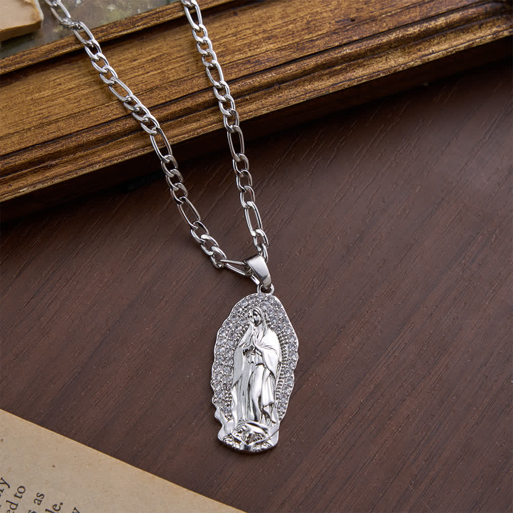 FREE Today: Elegant Sunburst Border Enamel Virgin Guadalupe Pendant Chunky Figaro Chain - Silver - image 13