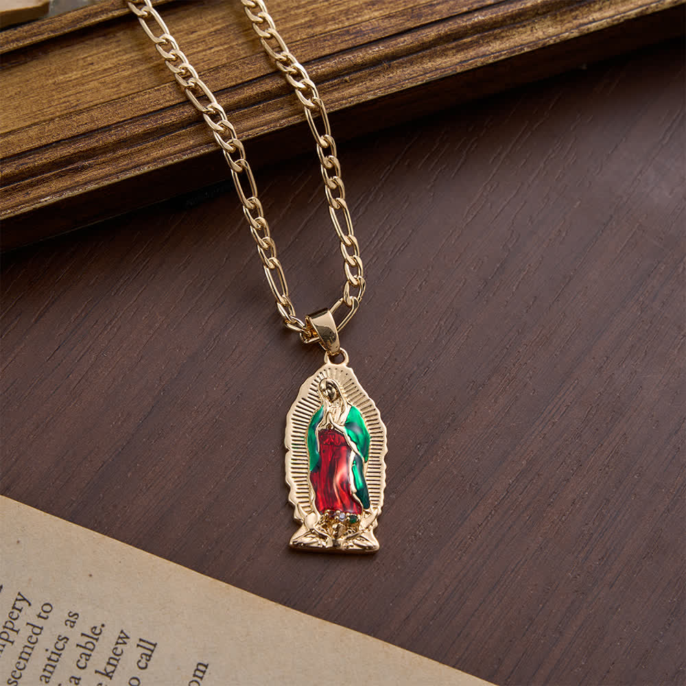 Christianartworkshop Elegant Sunburst Border Enamel Virgin Guadalupe Pendant Chunky Figaro Chain - image 7